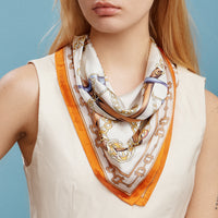 Classic Equestrian Chain Square Scarf – Vintage Belt & Gold Chain Print Silk-Feel Scarf