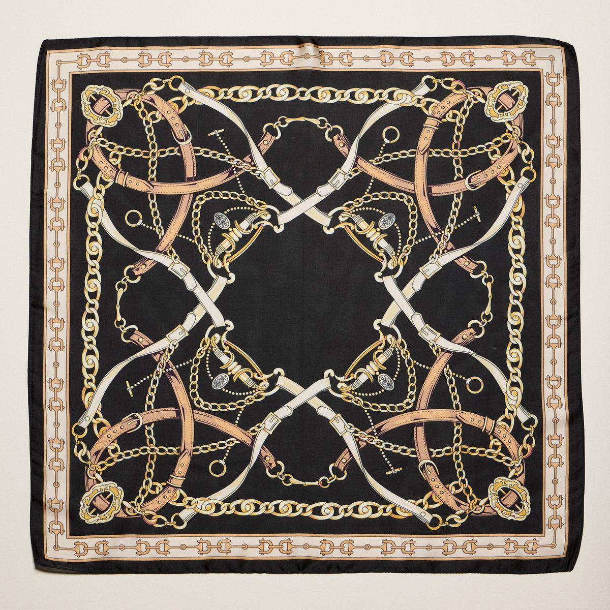 Classic Equestrian Chain Square Scarf – Vintage Belt & Gold Chain Print Silk-Feel Scarf