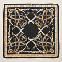 Classic Equestrian Chain Square Scarf – Vintage Belt & Gold Chain Print Silk-Feel Scarf