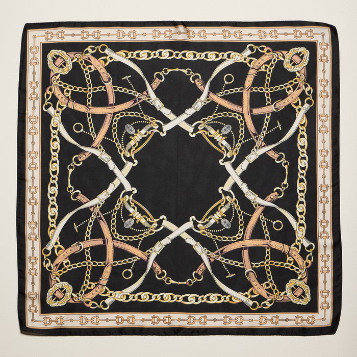 Classic Equestrian Chain Square Scarf – Vintage Belt & Gold Chain Print Silk-Feel Scarf