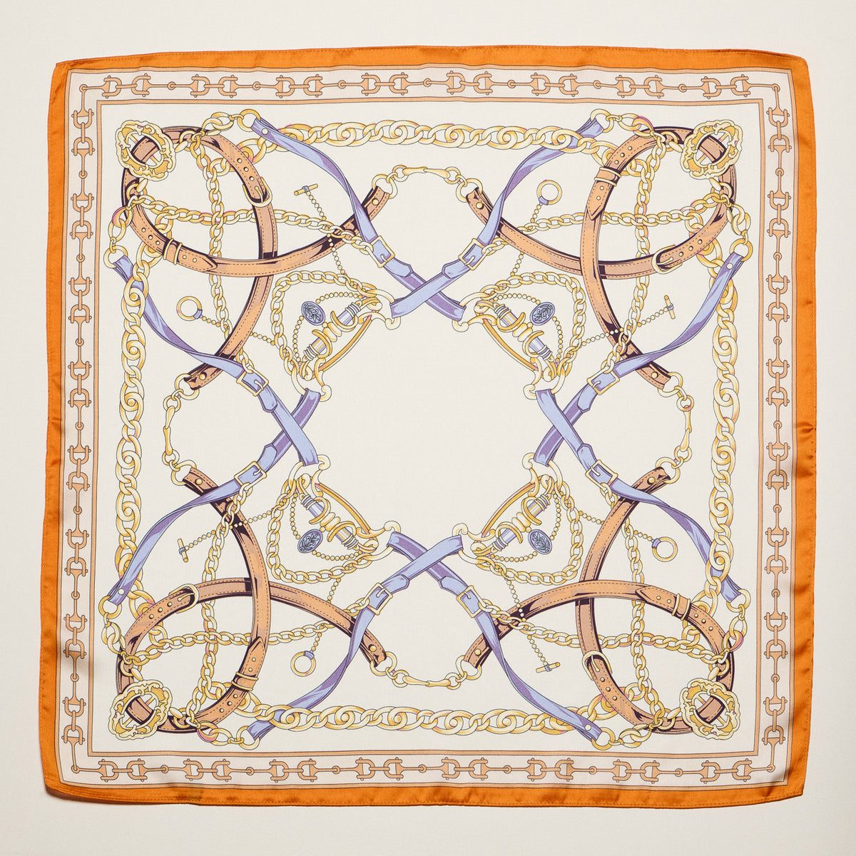 Classic Equestrian Chain Square Scarf – Vintage Belt & Gold Chain Print Silk-Feel Scarf