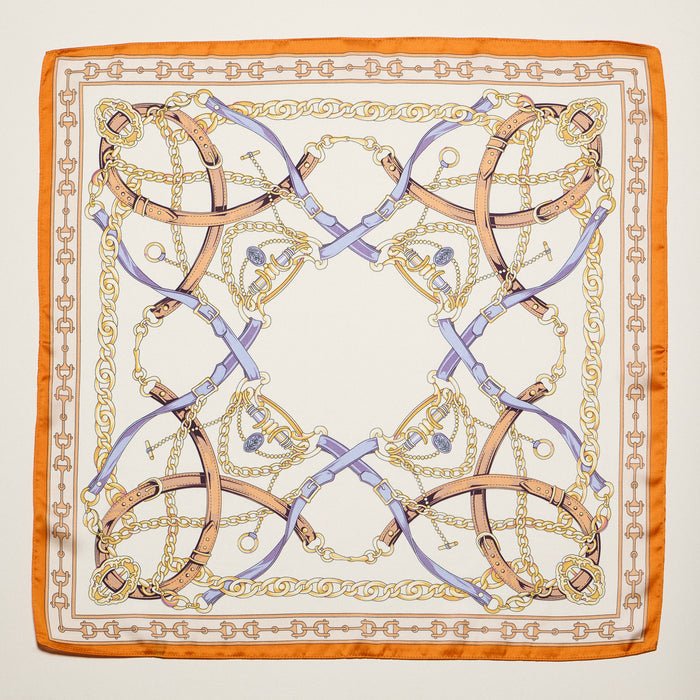 Classic Equestrian Chain Square Scarf – Vintage Belt & Gold Chain Print Silk-Feel Scarf