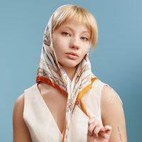 Classic Equestrian Chain Square Scarf – Vintage Belt & Gold Chain Print Silk-Feel Scarf