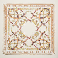 Classic Equestrian Chain Square Scarf – Vintage Belt & Gold Chain Print Silk-Feel Scarf