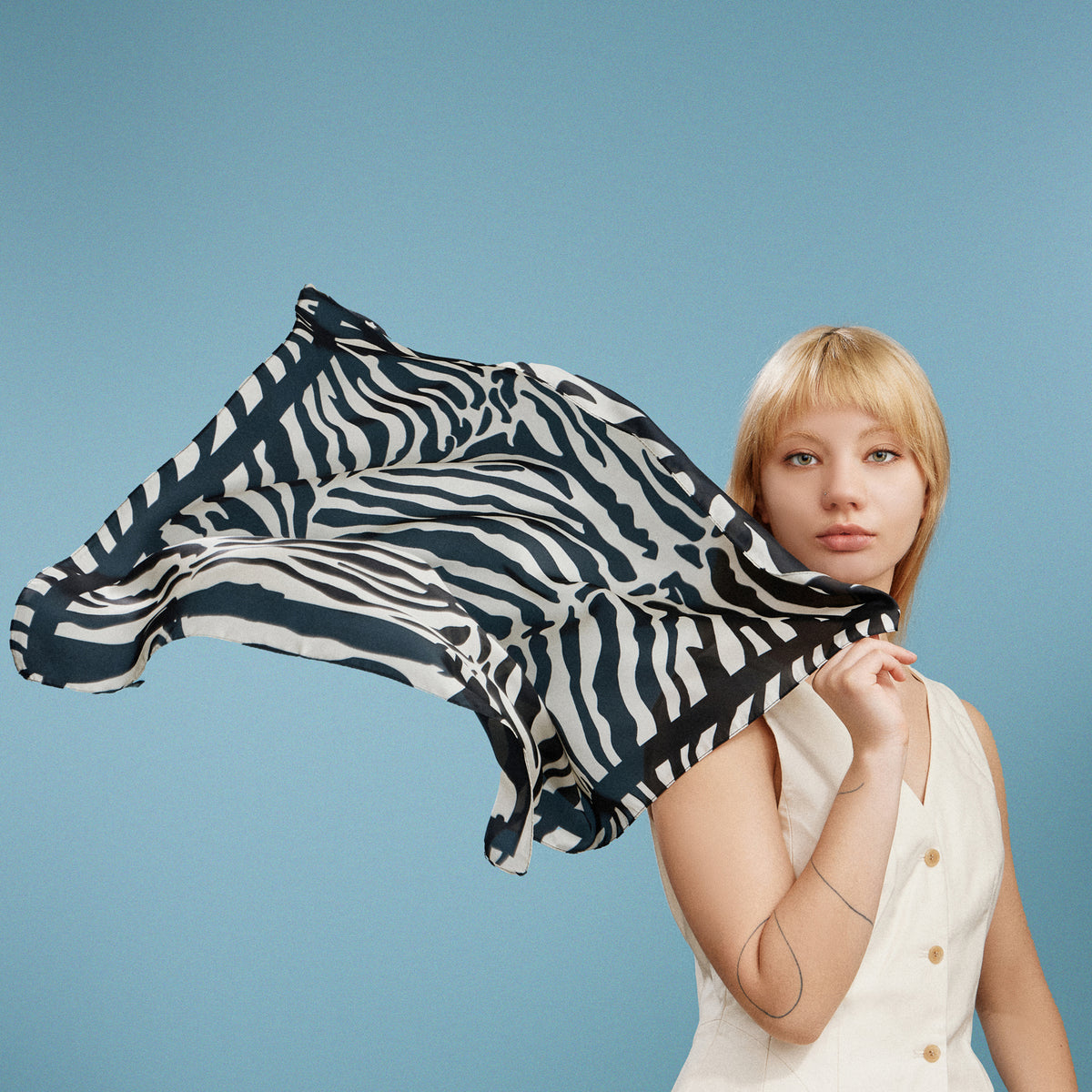 Zebra Print Square Scarf – Neutral Animal Pattern Silk-Feel Fashion Scarf