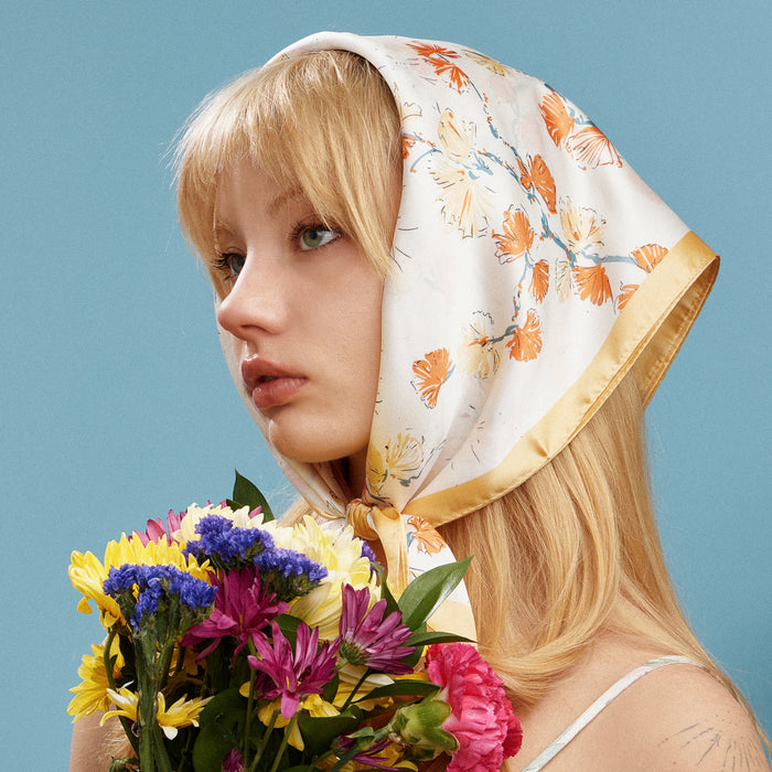 Delicate Floral Branch Square Scarf – Soft Botanical Print Silk-Feel Scarf