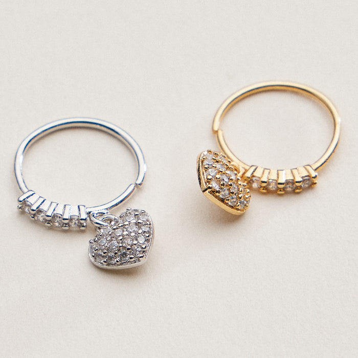 CZ Pave Heart Charm Hinged Nose Ring
