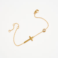 Gold-Tone Cross Bracelet with CZ Accent – Dainty Adjustable Faith Bracelet