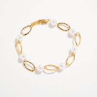 Gold-Tone Pearl Link Bracelet – Elegant Textured Chain Bracelet with Imitation Pearls