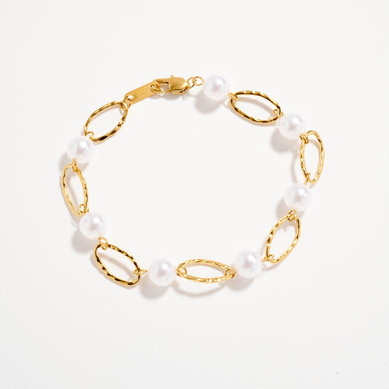 Gold-Tone Pearl Link Bracelet – Elegant Textured Chain Bracelet with Imitation Pearls