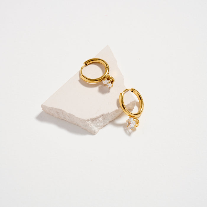 Stainless Steel CZ Solitaire Hoop Earrings | Gold