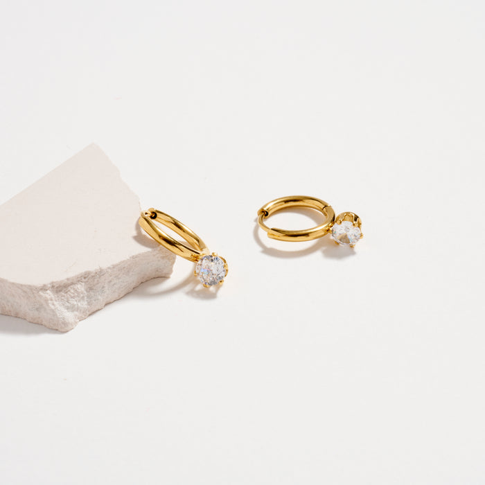 Stainless Steel CZ Solitaire Hoop Earrings | Gold