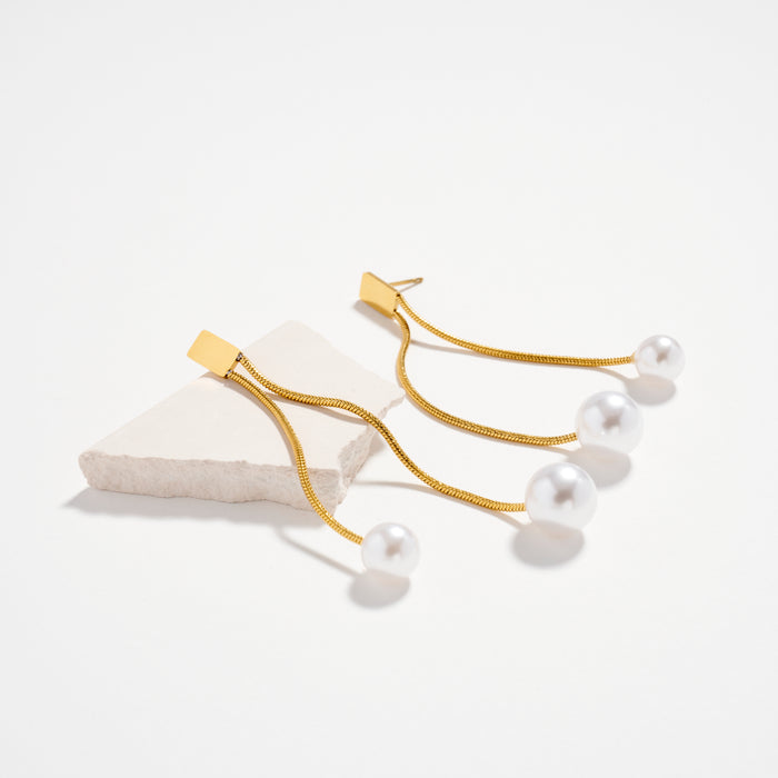 Stainless Steel Double Pearl Chain Drop Earrings | Gold