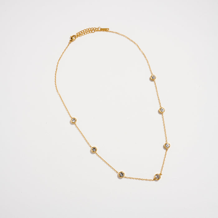 Gold-Tone CZ Station Necklace – Dainty Bezel-Set Crystal Chain Necklace