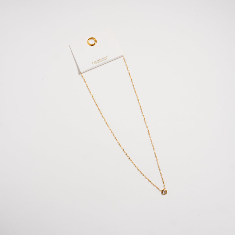 Gold CZ Solitaire Necklace – Dainty Bezel Pendant