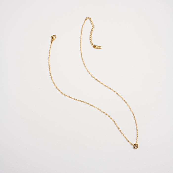 Gold CZ Solitaire Necklace – Dainty Bezel Pendant