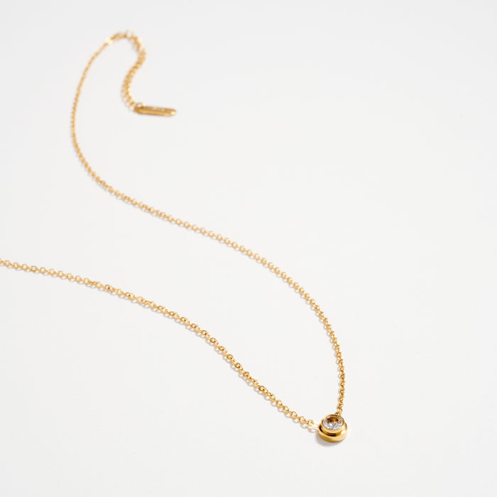 Gold CZ Solitaire Necklace – Dainty Bezel Pendant