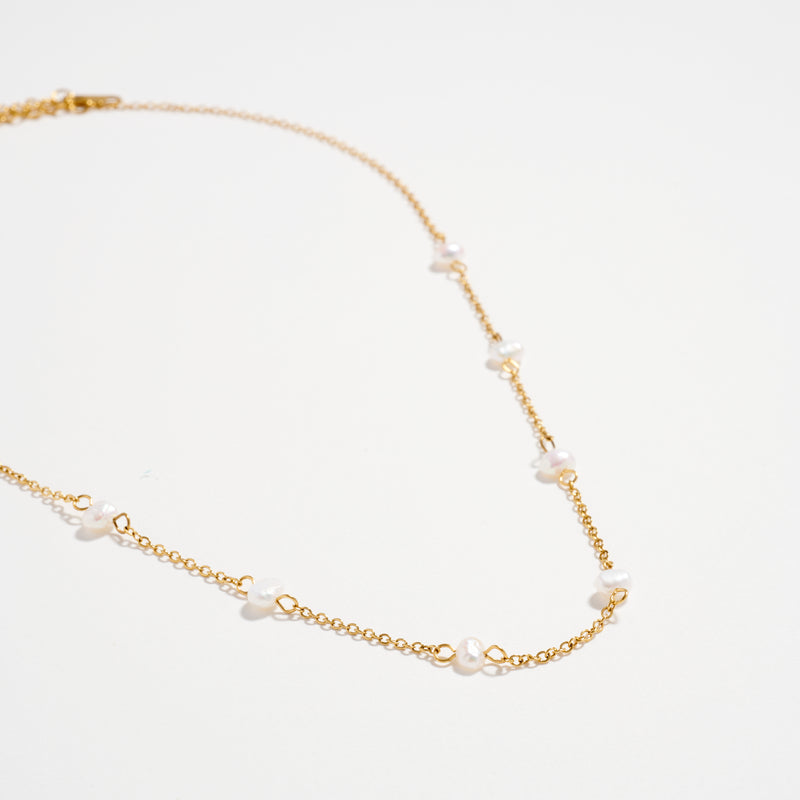Gold Pearl Station Necklace – Dainty Freshwater Chain