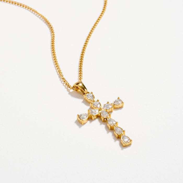 Gold Cross Necklace – Sparkling CZ Drop Pendant
