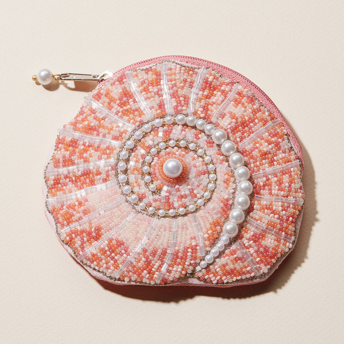 Beaded Spiral Seashell Coin Purse | Pearl Embellished Zip Pouch