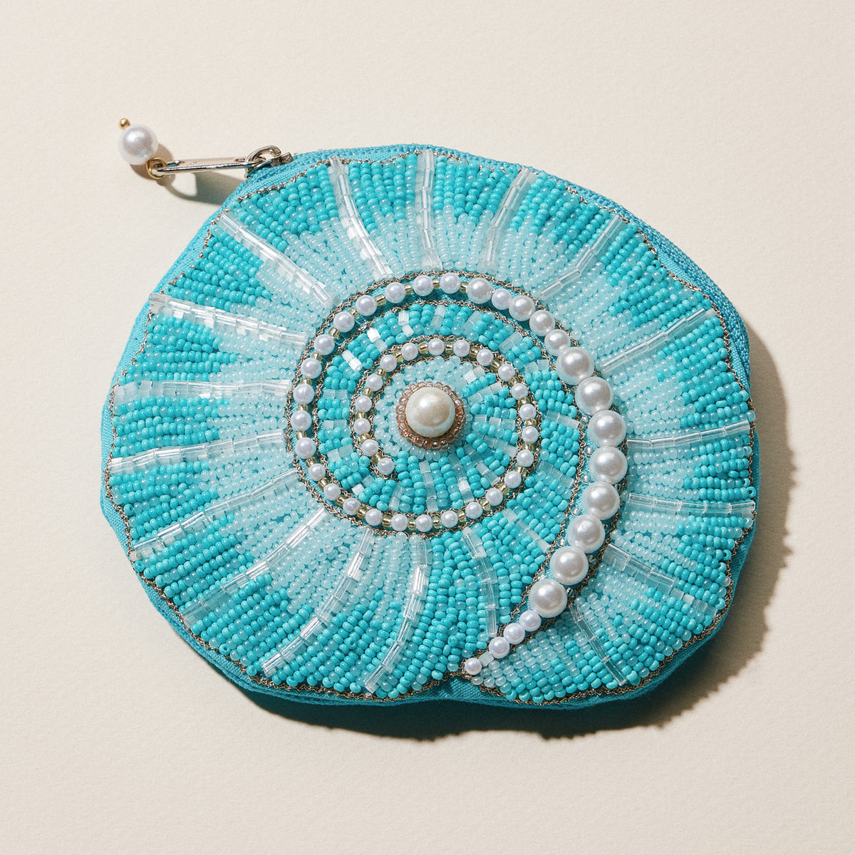 Beaded Spiral Seashell Coin Purse | Pearl Embellished Zip Pouch