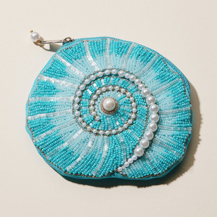 Beaded Spiral Seashell Coin Purse | Pearl Embellished Zip Pouch