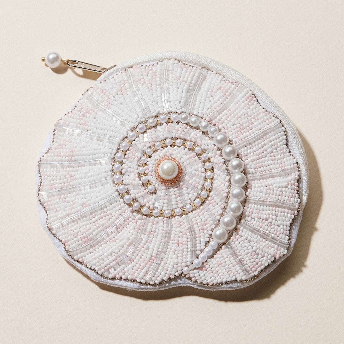 Beaded Spiral Seashell Coin Purse | Pearl Embellished Zip Pouch