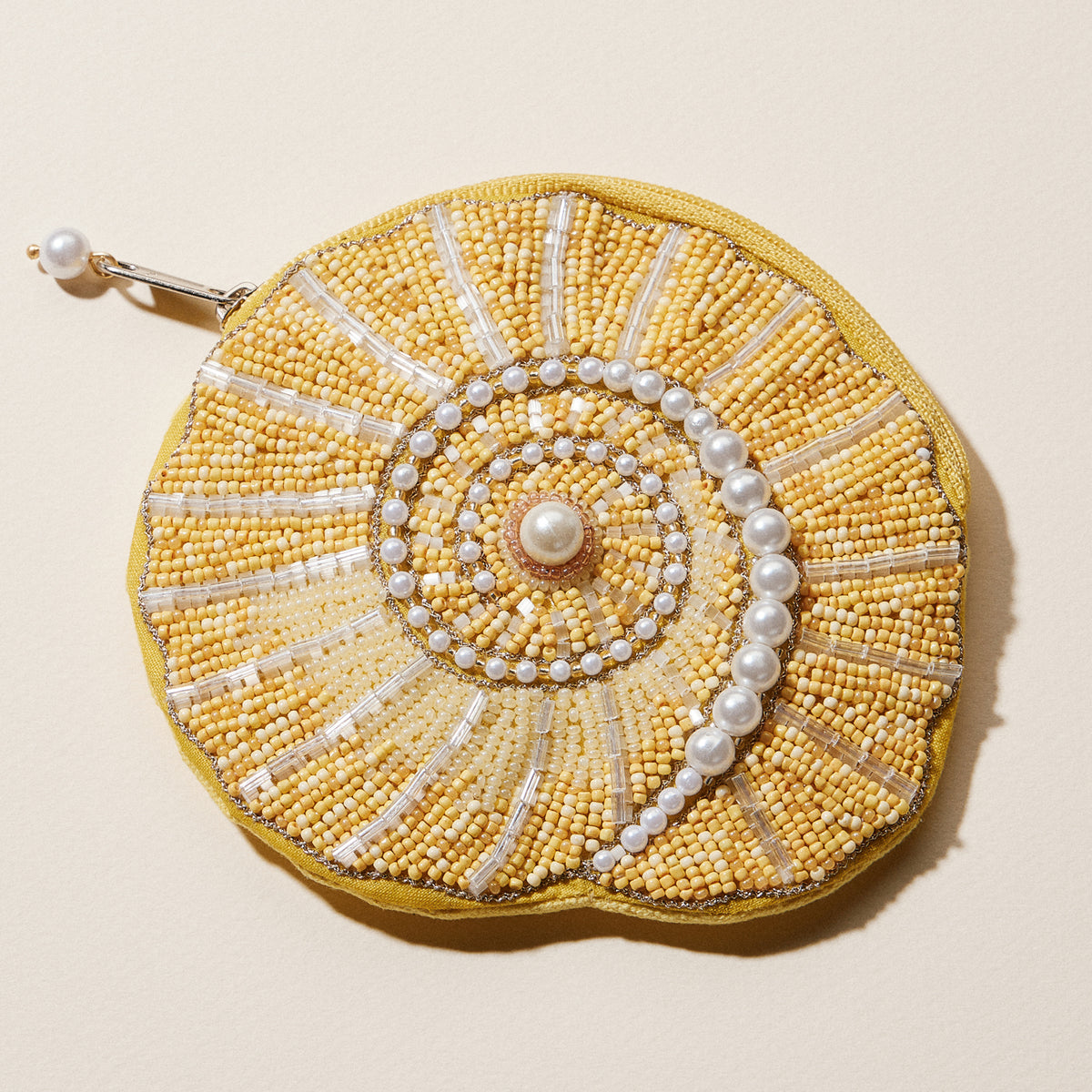 Beaded Spiral Seashell Coin Purse | Pearl Embellished Zip Pouch