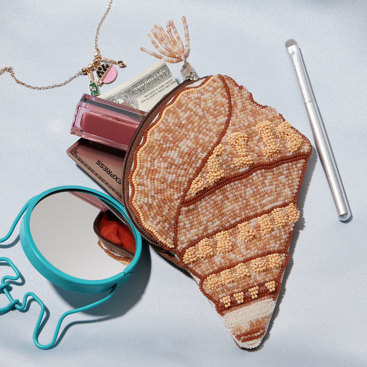 Beaded Conch Seashell Coin Purse | Coastal Shell Zip Pouch