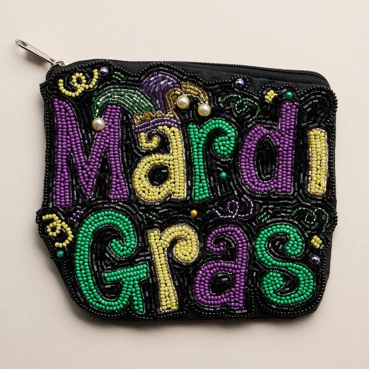 Hand-Beaded Mardi Gras Coin Pouch – Purple, Green & Gold Festival Bag
