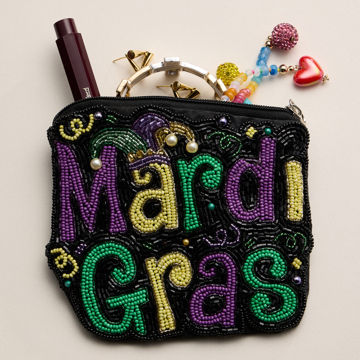 Hand-Beaded Mardi Gras Coin Pouch – Purple, Green & Gold Festival Bag