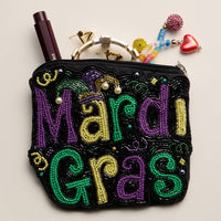Hand-Beaded Mardi Gras Coin Pouch – Purple, Green & Gold Festival Bag