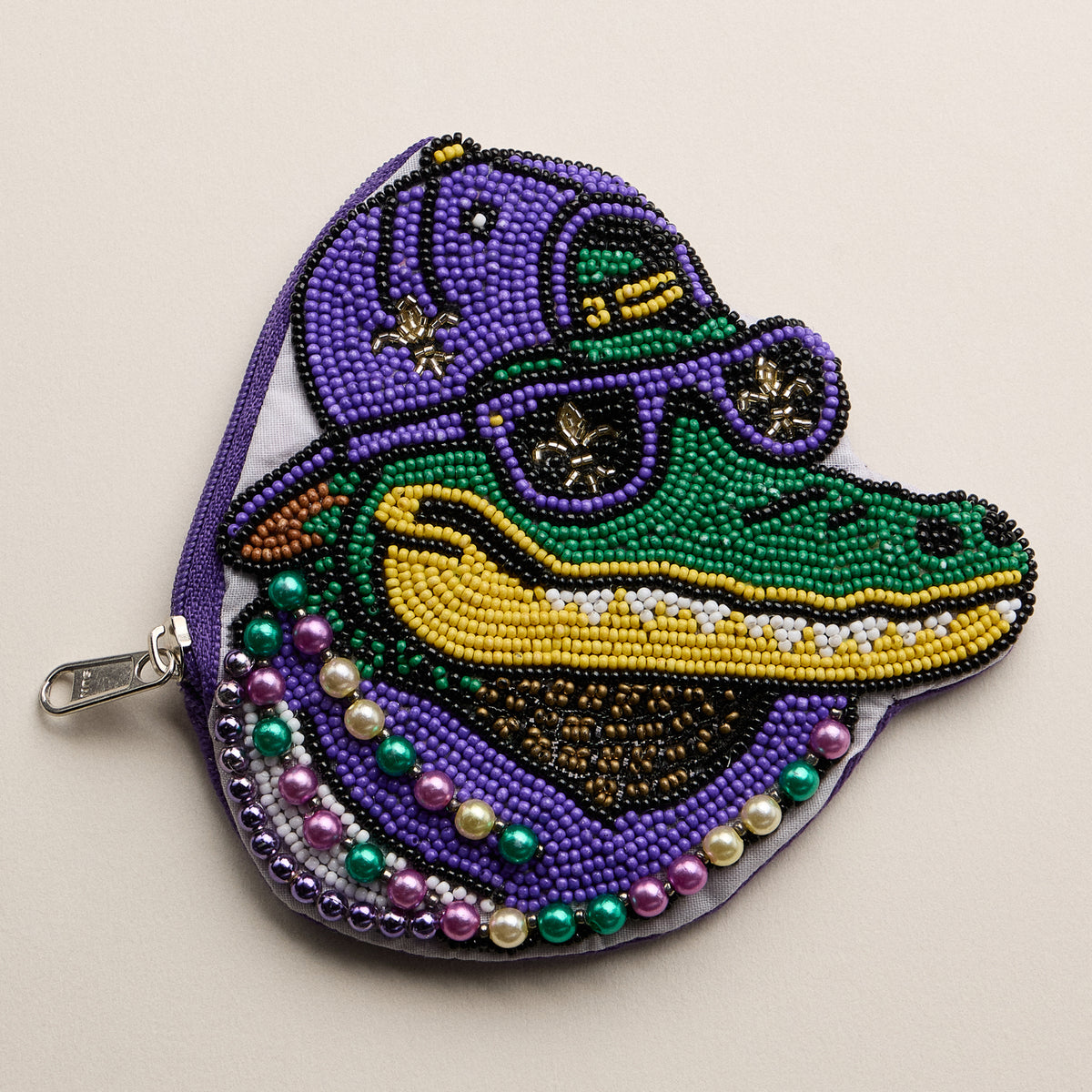 Mardi Gras Alligator Beaded Coin Purse with Beadwork & Pearls