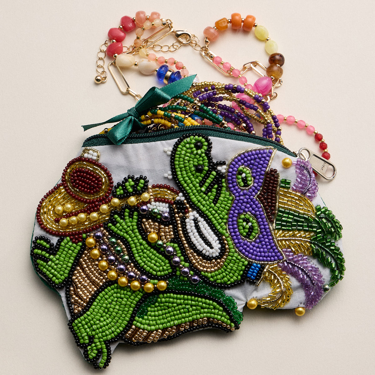 Hand-Beaded Jazz Gator Coin Purse – Mardi Gras Colors Green Purple Gold
