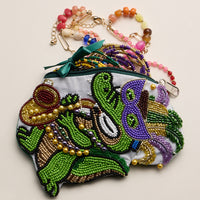 Hand-Beaded Jazz Gator Coin Purse – Mardi Gras Colors Green Purple Gold