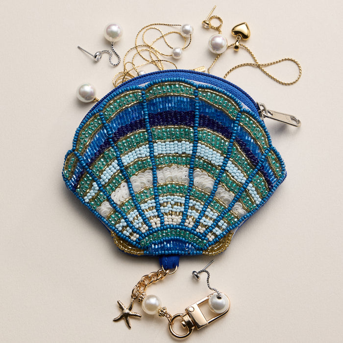 Beaded Seashell Coin Pouch Keychain – Hand-Beaded Shell Mini Purse