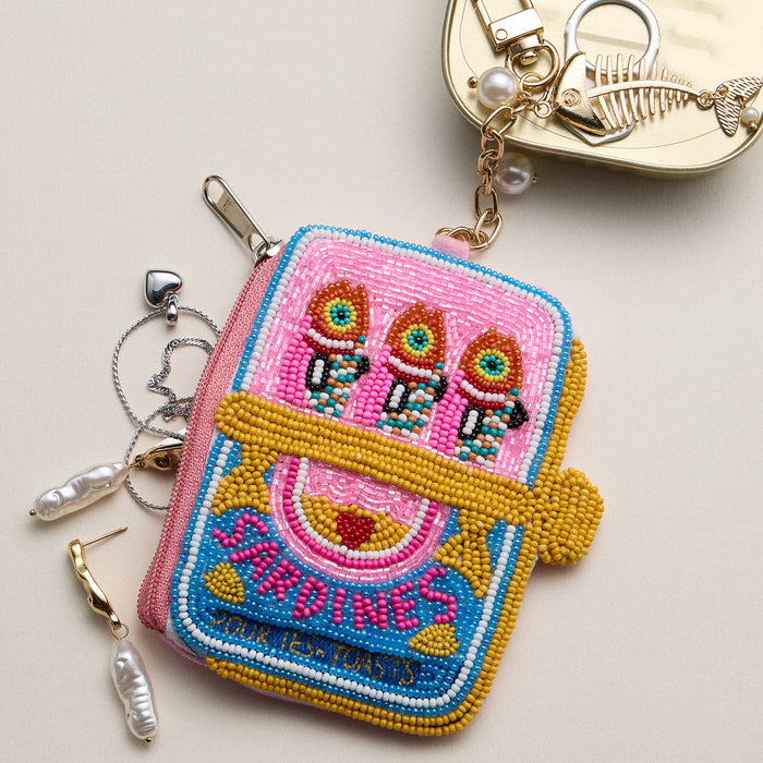 Beaded Sardine Coin Purse Keychain – Handmade Bead Embellished Zipper Pouch with Charm