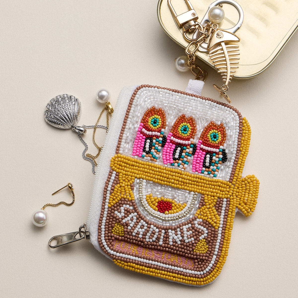 Beaded Sardine Coin Purse Keychain – Handmade Bead Embellished Zipper Pouch with Charm