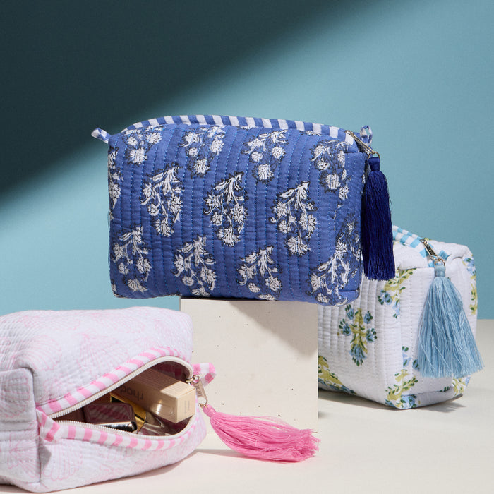 Light Blue Quilted Floral Cosmetic Pouch – Zipper Makeup Bag with Tassel