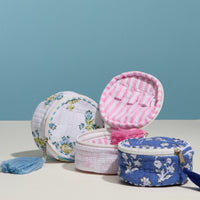 Light Blue Quilted Floral Round Coin Pouch – Zipper Coin Purse with Tassel
