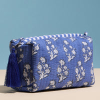 Blue Quilted Floral Cosmetic Pouch – Zipper Makeup Bag with Tassel