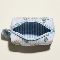 Light Blue Quilted Floral Cosmetic Pouch – Zipper Makeup Bag with Tassel