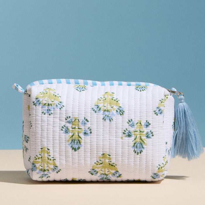 Light Blue Quilted Floral Cosmetic Pouch – Zipper Makeup Bag with Tassel