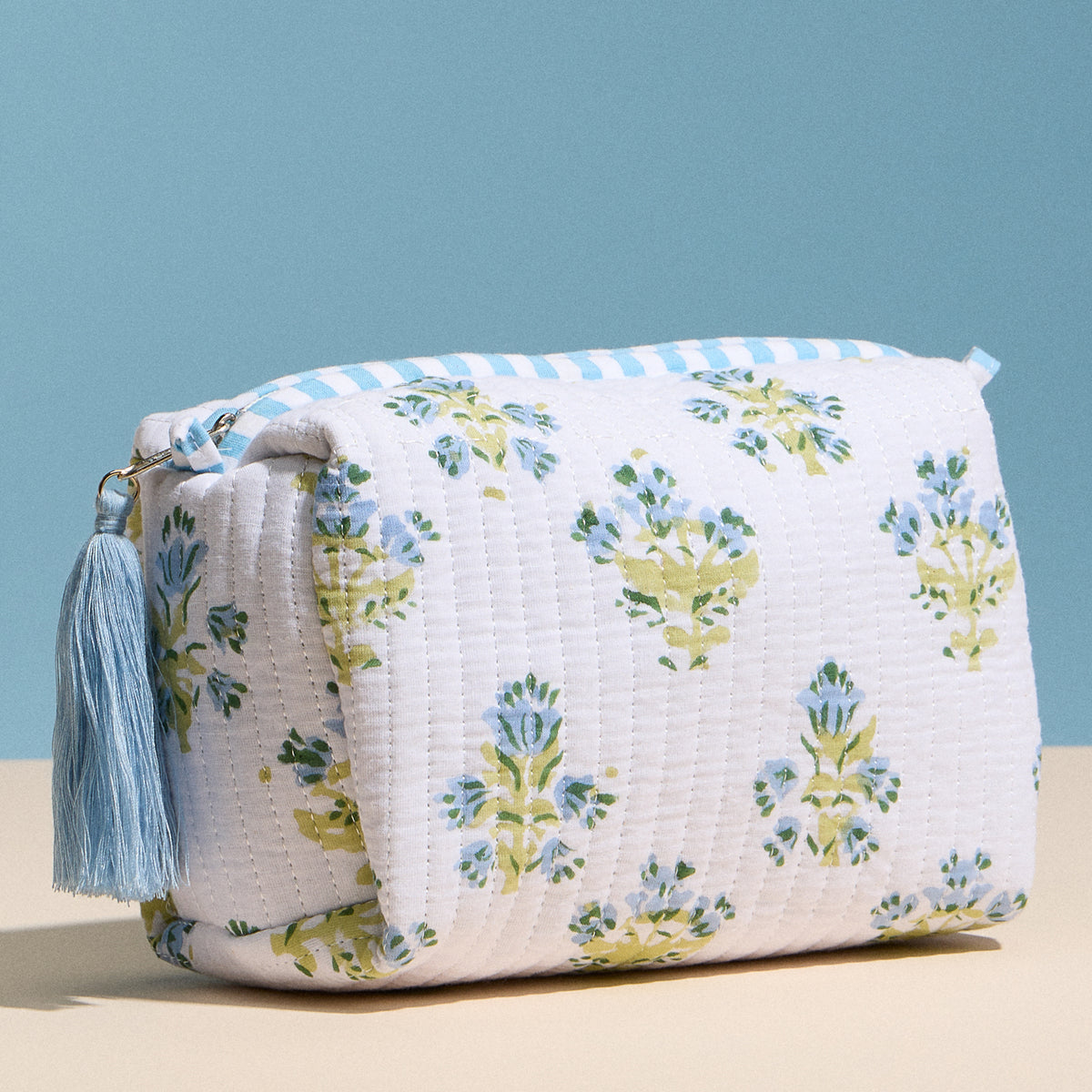 Light Blue Quilted Floral Cosmetic Pouch – Zipper Makeup Bag with Tassel