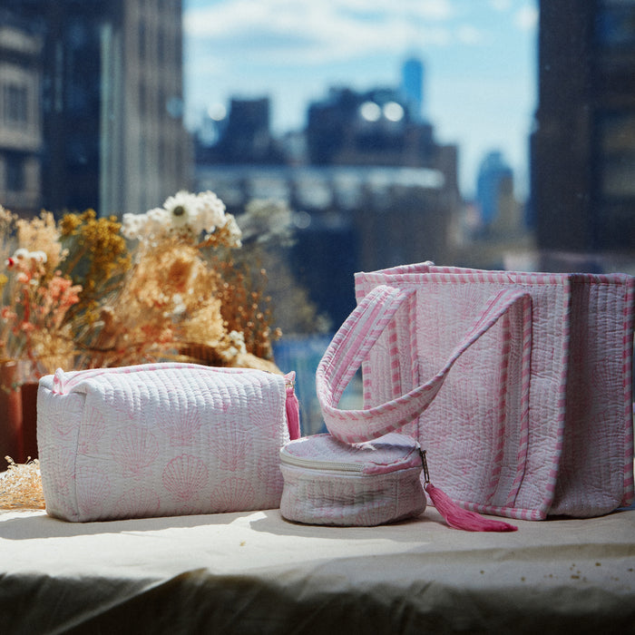 Pink Seashell Indian Quilted Tote Bag – Large Handmade Block Print Cotton Bag