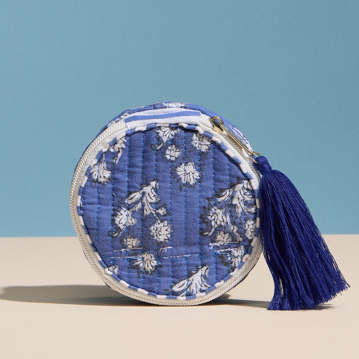 Blue Quilted Floral Round Coin Pouch – Zipper Coin Purse with Tassel