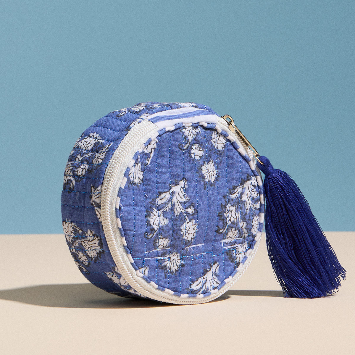 Blue Quilted Floral Round Coin Pouch – Zipper Coin Purse with Tassel