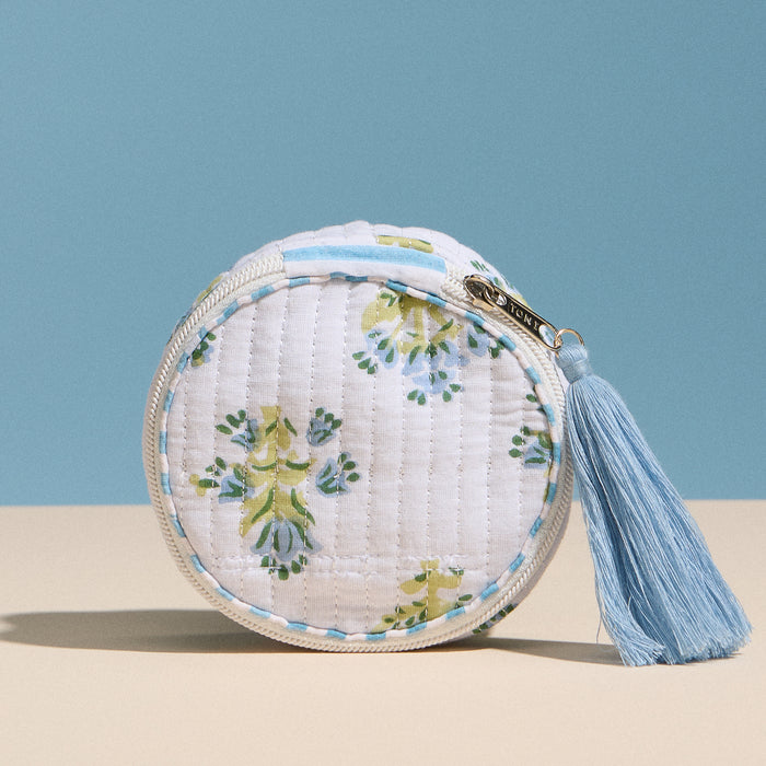 Light Blue Quilted Floral Round Coin Pouch – Zipper Coin Purse with Tassel
