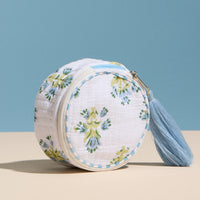 Light Blue Quilted Floral Round Coin Pouch – Zipper Coin Purse with Tassel
