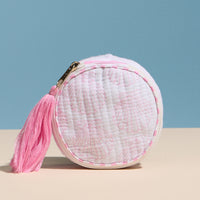 Pink Quilted Seashell Round Coin Pouch – Zipper Coin Purse with Tassel